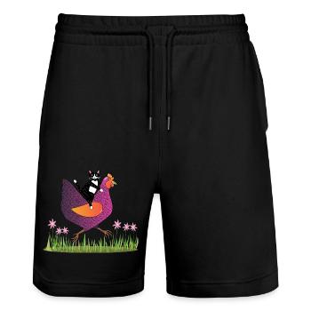 Hen Rider - Katze auf Huhn - Geschenkidee - Stanley/Stella Unisex Bio Joggingshorts Trainer  - Schwarz - Vorne - Nik (191cm) & Marisol (170cm)