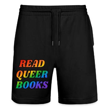Read queer books - Stanley/Stella Trainer Unisex Organic Jogging Shorts - black - Front - Nik (191cm) & Marisol (170cm)