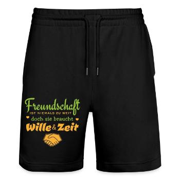 Freundschaft ist niemals zu weit - Spruch - Stanley/Stella Unisex Bio Joggingshorts Trainer  - Schwarz - Vorne - Nik (191cm) & Marisol (170cm)