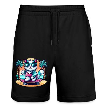 Cat on a Skateboard on the Beach - Stanley/Stella Trainer Unisex Organic Jogging Shorts - black - Front - Nik (191cm) & Marisol (170cm)