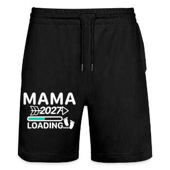 Maman 2027 - Annonce de grossesse de la barre de chargement - Short de jogging bio TRAINER Stanley/Stella unisexe - noir - Devant - Nik (191cm) & Marisol (170cm)