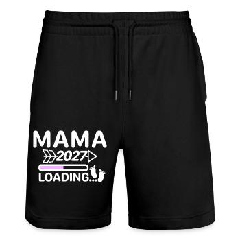 Mom 2027 - Loading Bar Pregnancy Announcement - Stanley/Stella Trainer Unisex Organic Jogging Shorts - black - Front - Nik (191cm) & Marisol (170cm)