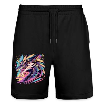 Illustration colorée d'un dragon stylisé - Short de jogging bio TRAINER Stanley/Stella unisexe - noir - Devant - Nik (191cm) & Marisol (170cm)