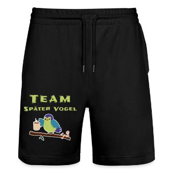 Morgenmuffel Schlafshirt - Stanley/Stella Unisex Bio Joggingshorts Trainer  - Schwarz - Vorne - Nik (191cm) & Marisol (170cm)