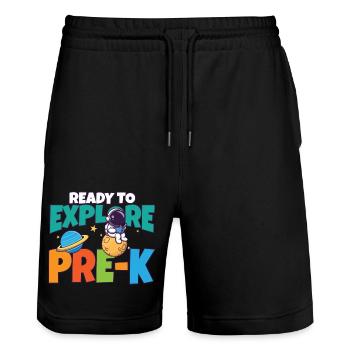 First Day Of School Day Ready to Explore Pre-K - Stanley/Stella Unisex Bio Joggingshorts Trainer  - Schwarz - Vorne - Nik (191cm) & Marisol (170cm)