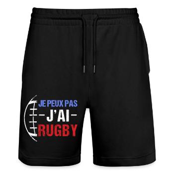 Je peux pas j' ai rugby humour rugbyman cadeau - Short de jogging bio TRAINER Stanley/Stella unisexe - noir - Devant - Nik (191cm) & Marisol (170cm)