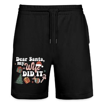 Dear Santa My Wife Did It Funny Christmas Pajama - Stanley/Stella Unisex Bio Joggingshorts Trainer  - Schwarz - Vorne - Nik (191cm) & Marisol (170cm)