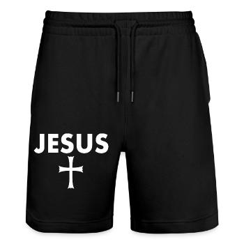 Jesus kreuz - Stanley/Stella Unisex Bio Joggingshorts Trainer  - Schwarz - Vorne - Nik (191cm) & Marisol (170cm)