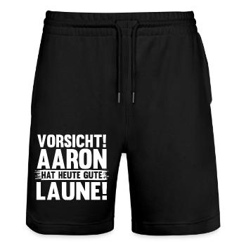 First name Aaron - Stanley/Stella Trainer Unisex Organic Jogging Shorts - black - Front - Nik (191cm) & Marisol (170cm)