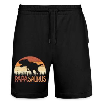 Papasaurus Geschenk Humor Papa Vatertag - Stanley/Stella Unisex Bio Joggingshorts Trainer  - Schwarz - Vorne - Nik (191cm) & Marisol (170cm)