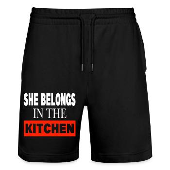 She belongs in the Kitchen - Stanley/Stella Unisex Bio Joggingshorts Trainer  - Schwarz - Vorne - Nik (191cm) & Marisol (170cm)