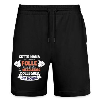 Collègue Nana, humour meilleurs collègues du monde - Short de jogging bio TRAINER Stanley/Stella unisexe - noir - Devant - Nik (191cm) & Marisol (170cm)