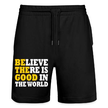 believe there is good in the world - Short de jogging bio TRAINER Stanley/Stella unisexe - noir - Devant - Nik (191cm) & Marisol (170cm)