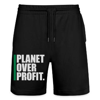 planet over profit quote - Stanley/Stella Trainer Unisex Organic Jogging Shorts - black - Front - Nik (191cm) & Marisol (170cm)