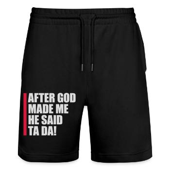after god made me - Stanley/Stella Trainer Unisex Organic Jogging Shorts - black - Front - Nik (191cm) & Marisol (170cm)