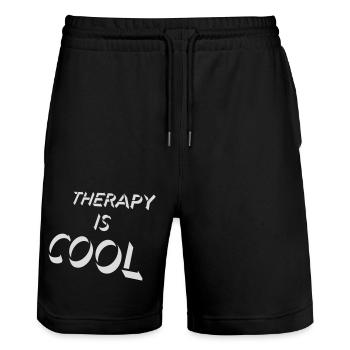 therapy is cool Quote - Stanley/Stella Trainer Unisex Organic Jogging Shorts - black - Front - Nik (191cm) & Marisol (170cm)