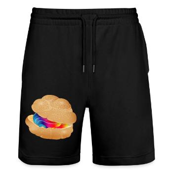 Illustration eines bunt gefüllten Windbeutel - Stanley/Stella Unisex Bio Joggingshorts Trainer  - Schwarz - Vorne - Nik (191cm) & Marisol (170cm)