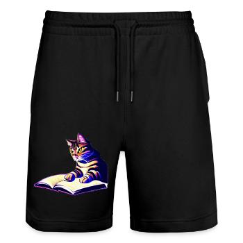 Cat Books Cat Reading Domestic Cat Book Kitten - Stanley/Stella Trainer Unisex Organic Jogging Shorts - black - Front - Nik (191cm) & Marisol (170cm)
