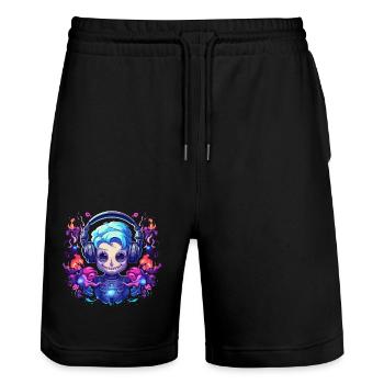 Synthwave Roboter Girl Design - Stanley/Stella Unisex Bio Joggingshorts Trainer  - Schwarz - Vorne - Nik (191cm) & Marisol (170cm)