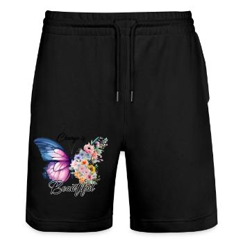 Le changement est beau, Schmetterling, Wandel - Short de jogging bio TRAINER Stanley/Stella unisexe - noir - Devant - Nik (191cm) & Marisol (170cm)