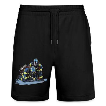 Feuerwehrmann in Aktion - Helden - Stanley/Stella Unisex Bio Joggingshorts Trainer  - Schwarz - Vorne - Nik (191cm) & Marisol (170cm)