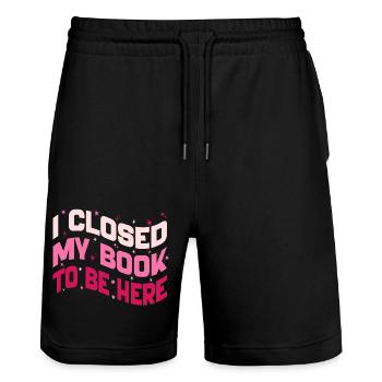 Ich habe mein Buch geschlossen, um hier zu sein und Bücherwurm lustig zu lesen - Stanley/Stella Unisex Bio Joggingshorts Trainer  - Schwarz - Vorne - Nik (191cm) & Marisol (170cm)