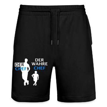 Vater Papa der Chef Lustiger Spruch - Stanley/Stella Unisex Bio Joggingshorts Trainer  - Schwarz - Vorne - Nik (191cm) & Marisol (170cm)