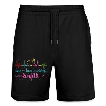 Fasching Herzschlag EKG Mein Herz schlägt Konfetti - Stanley/Stella Unisex Bio Joggingshorts Trainer  - Schwarz - Vorne - Nik (191cm) & Marisol (170cm)