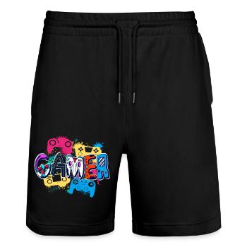 Colorful Gamer Controller Art Style Poster - Stanley/Stella Trainer Unisex Organic Jogging Shorts - black - Front - Nik (191cm) & Marisol (170cm)