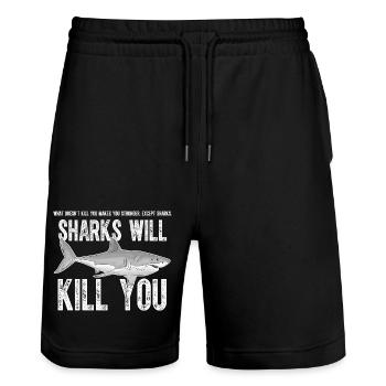 Sharks Will Kill You Funny Sarcasm - Stanley/Stella Trainer Unisex Organic Jogging Shorts - black - Front - Nik (191cm) & Marisol (170cm)