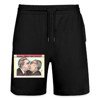 The Kiss Der sozialistische Bruderkuss - Stanley/Stella Unisex Bio Joggingshorts Trainer  - Schwarz - Vorne - Nik (191cm) & Marisol (170cm)