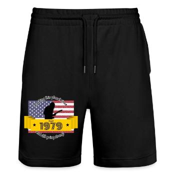 45. Geburtstag Rocking this planet since 08/1979 - Stanley/Stella Trainer Unisex Organic Jogging Shorts - black - Front - Nik (191cm) & Marisol (170cm)