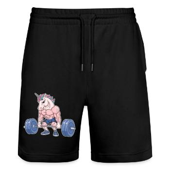 Sports Unicorn Gym Fitness Gift Idea - Stanley/Stella Trainer Unisex Organic Jogging Shorts - black - Front - Nik (191cm) & Marisol (170cm)