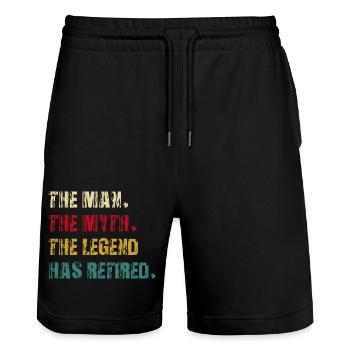 the man the myth the legend has retired - Stanley/Stella Trainer Unisex Organic Jogging Shorts - black - Front - Nik (191cm) & Marisol (170cm)