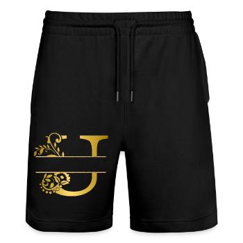 Personalized floral gold u letter - gift idea - Stanley/Stella Trainer Unisex Organic Jogging Shorts - black - Front - Nik (191cm) & Marisol (170cm)