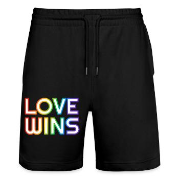 Love Wins rainbow LGBTQ gay pride slogan - Stanley/Stella Trainer Unisex Organic Jogging Shorts - black - Front - Nik (191cm) & Marisol (170cm)