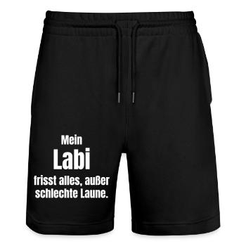 Mein Labi frisst alles, außer schlechte Laune. - Stanley/Stella Unisex Bio Joggingshorts Trainer  - Schwarz - Vorne - Nik (191cm) & Marisol (170cm)
