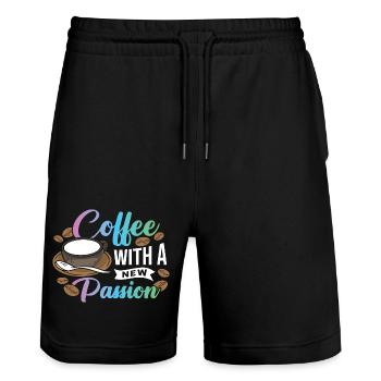Un café avec une nouvelle passion - Short de jogging bio TRAINER Stanley/Stella unisexe - noir - Devant - Nik (191cm) & Marisol (170cm)