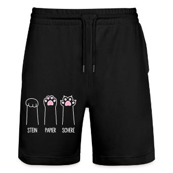 Katze Pfote Katzenpfoten Spiel Stein Papier Schere - Stanley/Stella Unisex Bio Joggingshorts Trainer  - Schwarz - Vorne - Nik (191cm) & Marisol (170cm)