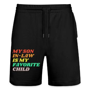 My son in law - Stanley/Stella Trainer Unisex Organic Jogging Shorts - black - Front - Nik (191cm) & Marisol (170cm)
