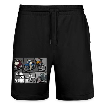 S51, Habicht, Sperber, KR51/1 // Gut zu Vögeln - Stanley/Stella Unisex Bio Joggingshorts Trainer  - Schwarz - Vorne - Nik (191cm) & Marisol (170cm)