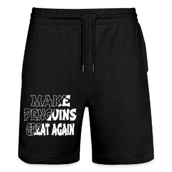 birthday present humor king penguin present idea - Stanley/Stella Trainer Unisex Organic Jogging Shorts - black - Front - Nik (191cm) & Marisol (170cm)