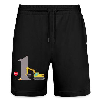 Bagger zum 1. Jubiläum - Stanley/Stella Unisex Bio Joggingshorts Trainer  - Schwarz - Vorne - Nik (191cm) & Marisol (170cm)