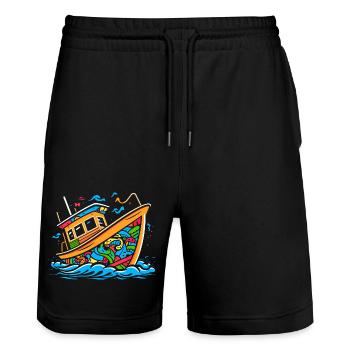 Pop Art Doodle Boat - Vibrant Caricature - Stanley/Stella Trainer Unisex Organic Jogging Shorts - black - Front - Nik (191cm) & Marisol (170cm)