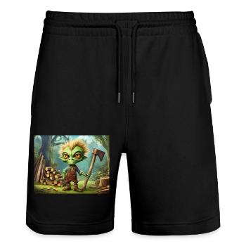 niedlicher kleiner grüner Retro-Außerirdischer schneidet Holzschnitt - Stanley/Stella Unisex Bio Joggingshorts Trainer  - Schwarz - Vorne - Nik (191cm) & Marisol (170cm)
