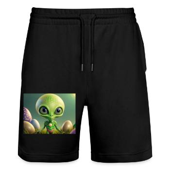 süßes kleines grünes Retro-Alien mit Ostereiern - Stanley/Stella Unisex Bio Joggingshorts Trainer  - Schwarz - Vorne - Nik (191cm) & Marisol (170cm)