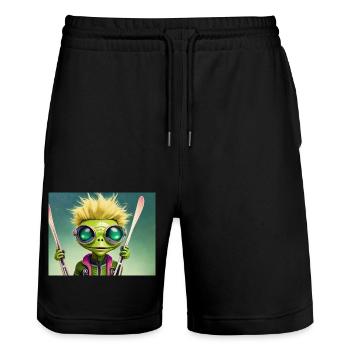 niedliches kleines grünes Retro-Vintage-Alien fährt Ski - Stanley/Stella Unisex Bio Joggingshorts Trainer  - Schwarz - Vorne - Nik (191cm) & Marisol (170cm)
