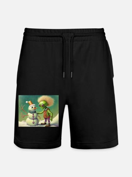 alien is building a snowman - Stanley/Stella Trainer Unisex Organic Jogging Shorts - black