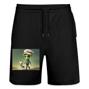 süßes kleines grünes Retro-Alien nimmt den Hund raus - Stanley/Stella Unisex Bio Joggingshorts Trainer  - Schwarz - Vorne - Nik (191cm) & Marisol (170cm)