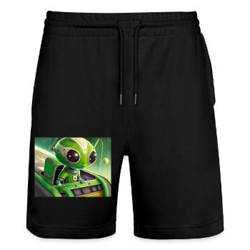 cute little green retro vintage alien flying a UFO - Stanley/Stella Trainer Unisex Organic Jogging Shorts - black - Front - Nik (191cm) & Marisol (170cm)